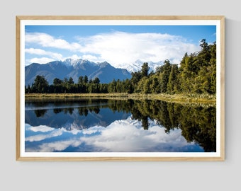 New Zealand Landscape Print, Lake Matheson, Nature Print, Mountain Wall Art