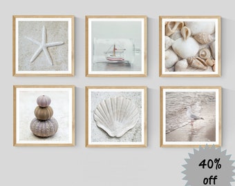 Set of 6 Square Beach Prints, Shells Gallery Home Wall Art, Neutral Photography Decor