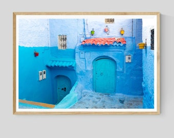 Moroccan Blue City Print, Door Photography, Moroccan Wall Art Decor