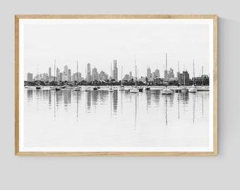 Melbourne City Skyline Print, St Kilda Photography, Black and White Wall Art, Australian Monochrome Decor
