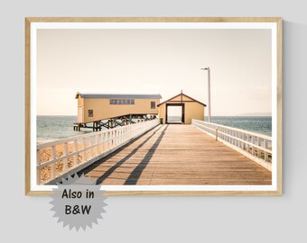 Queenscliff South Pier Photography, Australian Coastal Wall Art, Black and White Landscape Print, Beach House Decor