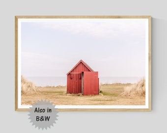 Red Beach Shack Print, Ocean Wall Art, Coastal Photography, Available in Black and White