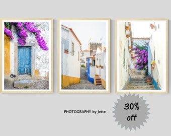 Set of 3 Obidos Street Prints, Portugal Photography, Bourgonvillia Wall Art, European Travel Art