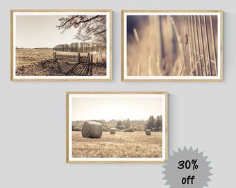 Set of 3 Farm Wall Art Prints, Neutral Country Style House Home Decor, Rustic Nature Photography