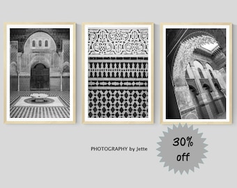 Set of 3 Black and White  Morocca Prints, Chefchaouen Blue City Photography, Travel Wall Art