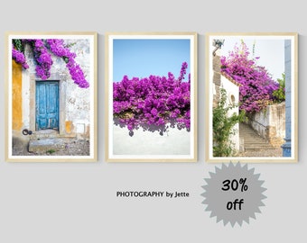 Set of 3 Portugal Prints, Obidos Street Photography, Bourgonvillia Wall Art, European Travel Art