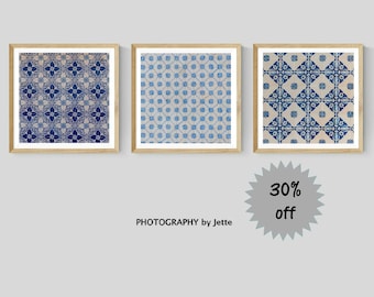 Set of 3 Square Portuguese Tile Photography Prints, Abstract Kitchen Decor, Azulejos Wall Art