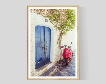 Cadeques Spain Photography Print: Blue Door, Red Scooter Wall Art