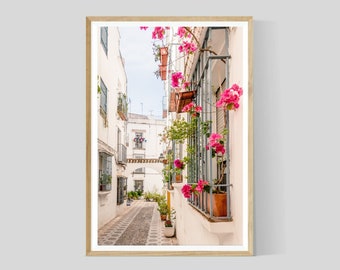 Pink Flowers in the Window, Andalusian Print, Cordoba Photography, Spain Botanical Wall Art, European Decor