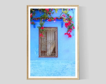 Chefchaouen Blaue Stadt Fensterbild, marokkanische Wandkunst, Reise Kunst Dekor