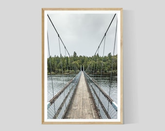New Zealand Photography Print, Swing Bridge over River, Nature Landscape Wall Art