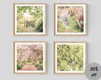 Set of 4 Square Nature Prints, Forest Wall Art Photography, Country Decor