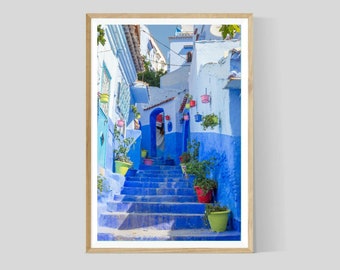 Chefchaouen Print, Marokkanische Wandkunst, Blaue Stadt Fotografie, marokkanisches Dekor