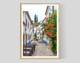 Obidos Street Lined with Restaurants, Portugal Travel Wall Art Print, European Cafe Photography