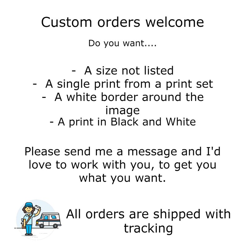 May include: Illustration of a delivery person driving a van with the text "Custom orders welcome". The text below lists options for customizing orders, such as size, print, and color. The text also states that all orders are shipped with tracking.