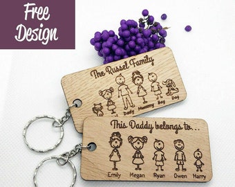 Personalized Family Portrait Keychain, Laser Engraved Wood