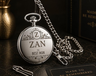 Personalised Engraved Pocket Watch, Wedding Gift for Man, Groom, Dad (Black, Gold, Silver)