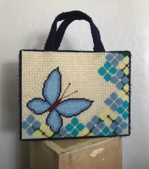 Vintage Butterfly Square Top Handle Bag Cross Stitch Etsy