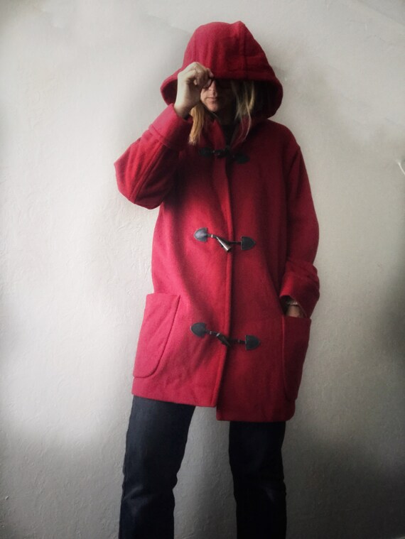Vintage Eddie Bauer Red Wool Hooded Coat USA Made Size Medium