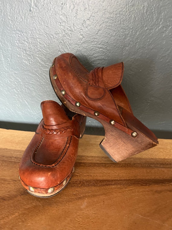 Vintage studded leather and wood mules made in It… - image 1
