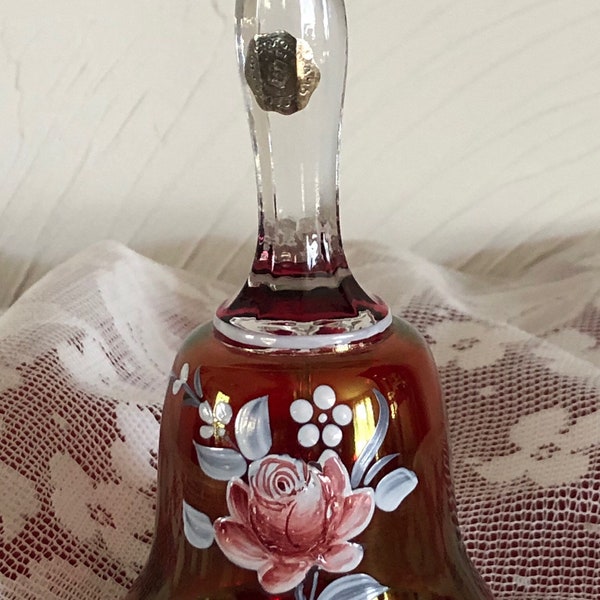 Westmoreland, Ruby Red, Glass Bell, Hand Painted with a Rose with White Accents. Dated 1975 and signed by Artist.