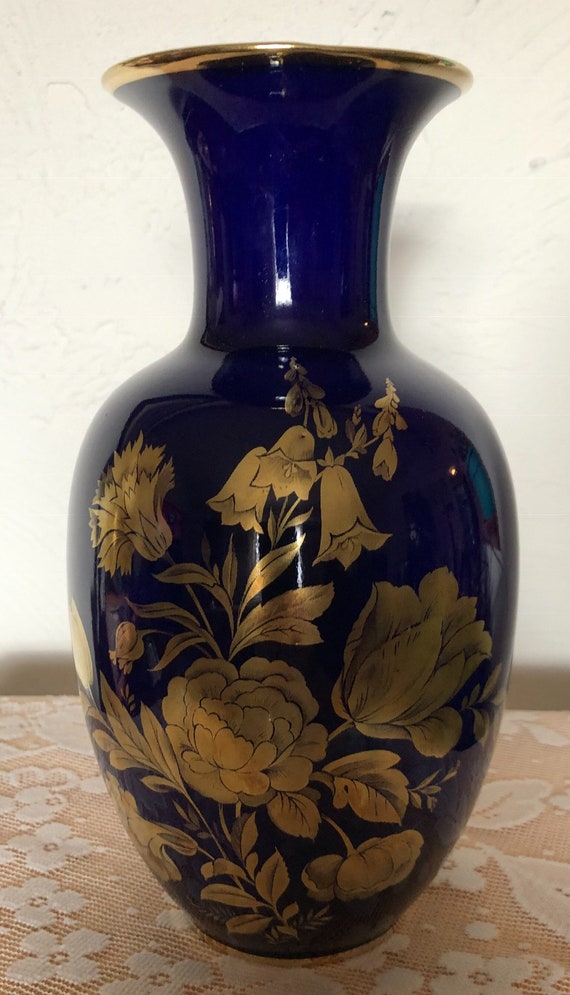 Royal Porcelain Bavaria KPM Cobalt Blue Vase trimmed with gold floral design Handmade in Bavaria West Germany Dating 1952 1990 il 570xN 5vad