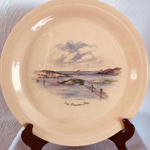 Edwin M Knowles China, WVA, Yellow, Round Ceramic Serving Platter, 12 1/4” diameter with depiction of San Francisco Bay circa 1950s-1960s.