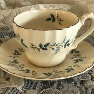 May include: A white teacup and saucer with a blue and brown floral pattern. The cup and saucer have a gold trim.