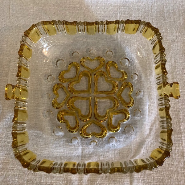 Walther Kristallglas, Germany; Pressed Cut Glass, Crystal and Yellow, Heart Designed, Square, Candy Dish, circa 1960-1970s.
