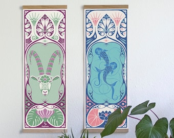 Pisces poster! Danish Art nouveau zodiac poster with the pisces sign. Designed and produced eco friendly in Denmark. Great personal gift.