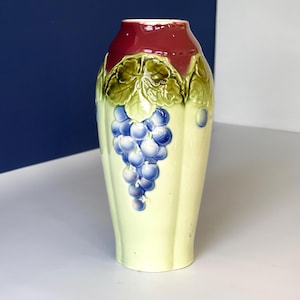 Majolica Ceramic Vase with grapes. Art nouveau Jugendstil Art Deco with flowers. Beautiful colours. Signed ASTRID C.M.