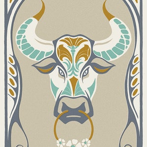 May include: A stylized illustration of a bull's head with a gold nose ring and floral accents. The bull is surrounded by a decorative frame with a teal, gold, and gray color scheme. The text "Taurus" is at the bottom of the image.