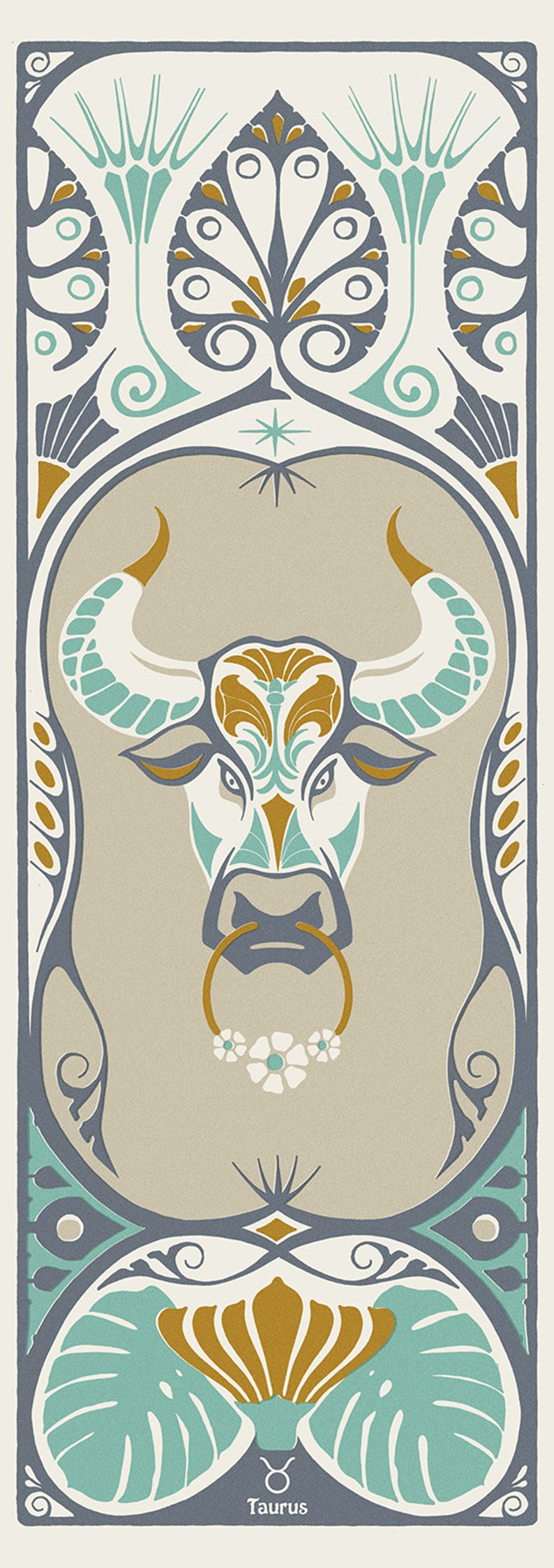 May include: A stylized illustration of a bull's head with a gold nose ring and floral accents. The bull is surrounded by a decorative frame with a teal, gold, and gray color scheme. The text "Taurus" is at the bottom of the image.