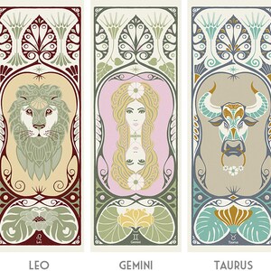 May include: Three illustrated zodiac signs, Leo, Gemini, and Taurus, with ornate floral borders. Each sign is depicted with its corresponding animal symbol: a lion, twins, and a bull.