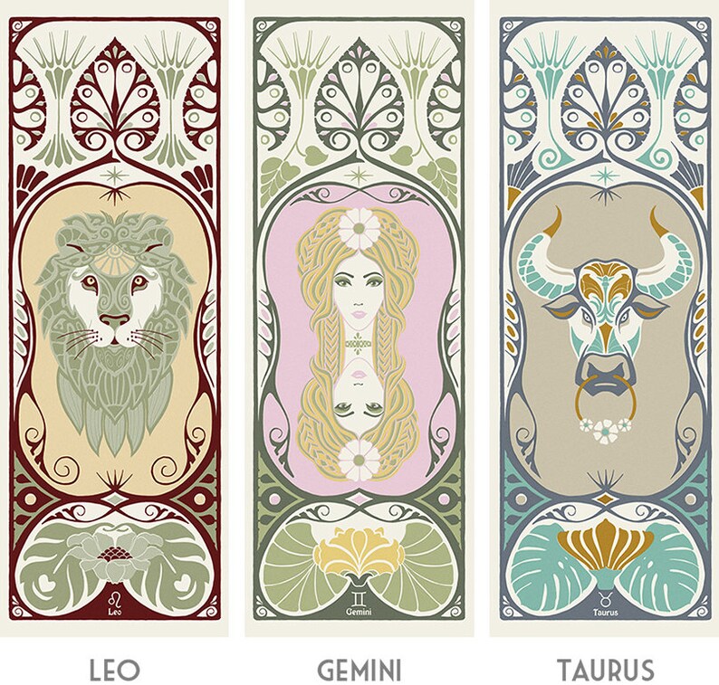 May include: Three illustrated zodiac signs, Leo, Gemini, and Taurus, with ornate floral borders. Each sign is depicted with its corresponding animal symbol: a lion, twins, and a bull.