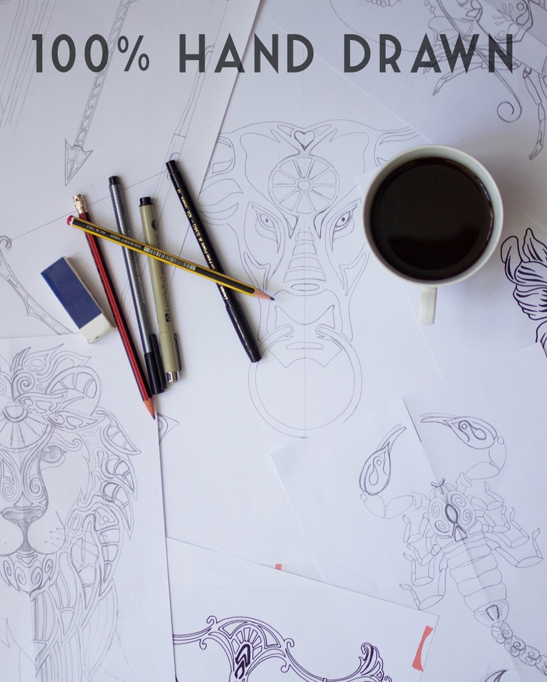May include: A flat lay image of a white coffee mug filled with black coffee, a pencil, and several black pens on a white surface with several hand-drawn designs. The designs include a lion, a scorpion, and a bull's head. The text "100% HAND DRAWN" is written at the top of the image.