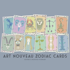 Juego de 12 tarjetas de signo ZODIAC únicas. Diseño danés para saludos personales / tarjetas postales o para ser utilizado en un marco pequeño. Alta calidad, eco.
