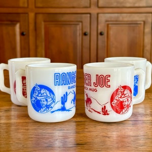 Vintage Set of 4 Ranger Joe Ranch Mugs Hazel Atlas Milk Glass Collectible Milk Glass Ranger Joe Cowboy Mugs Collectible Cowboy Kitchen Décor