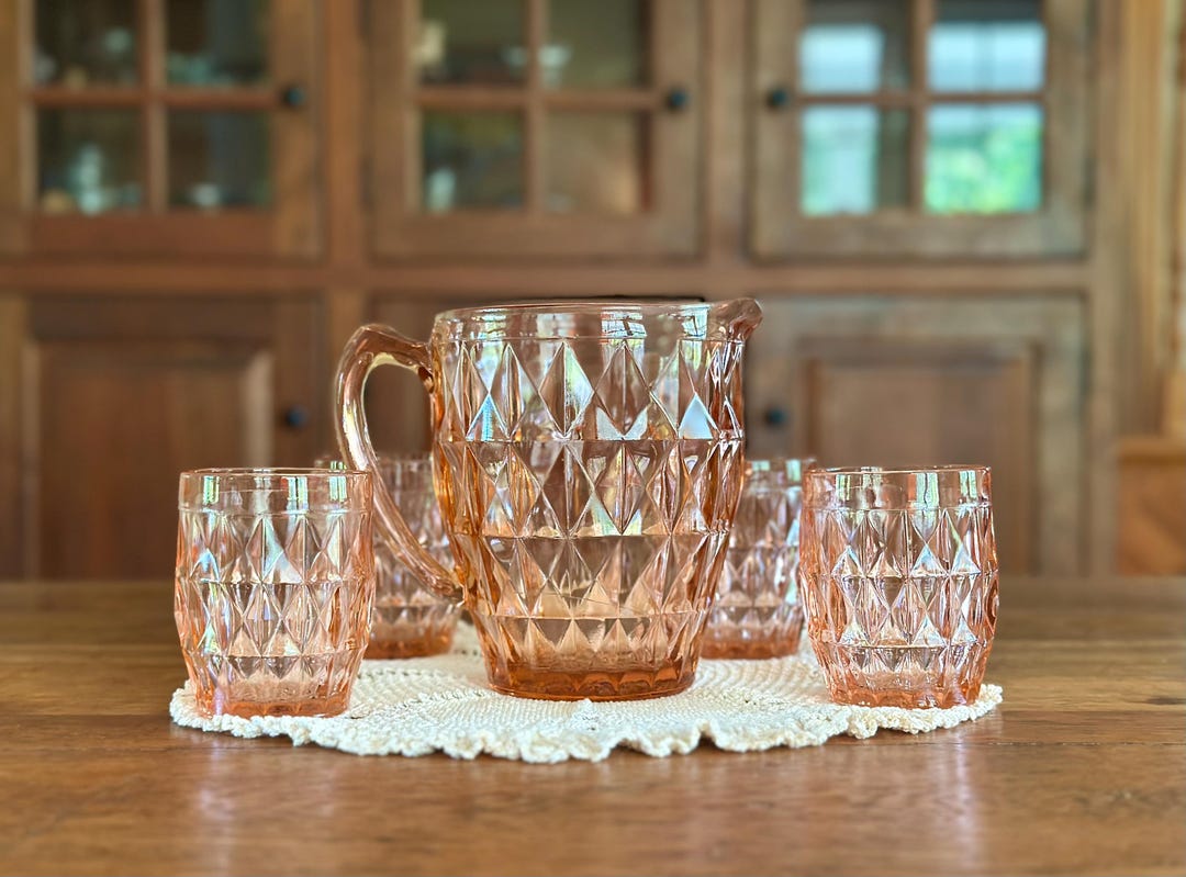 Vintage Jeannette Windsor Pink Depression Glass Pitcher With 4