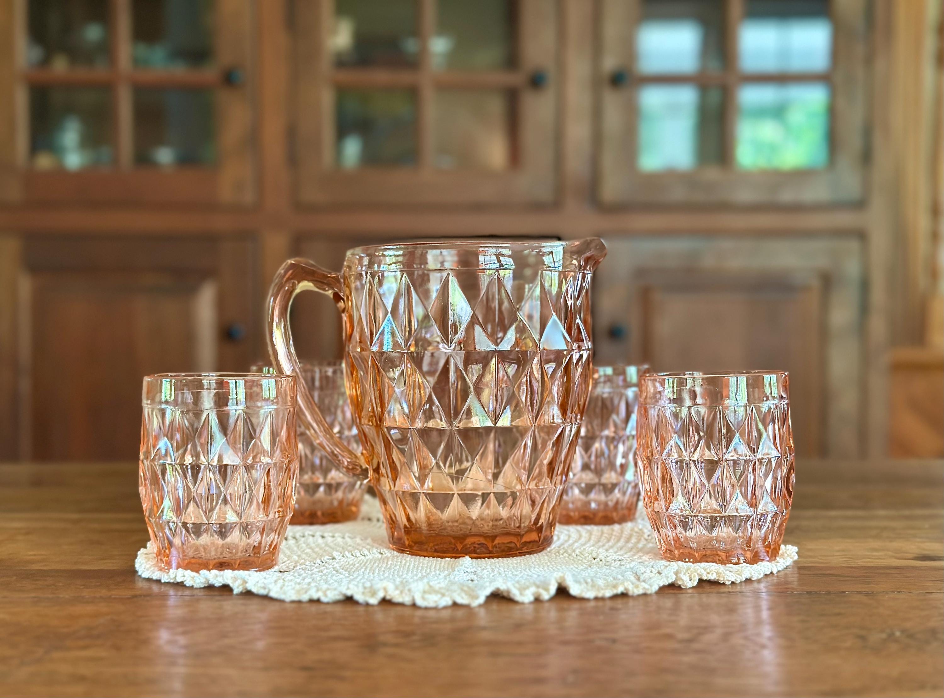 Vintage Jeannette Windsor Pink Depression Glass Pitcher With 4