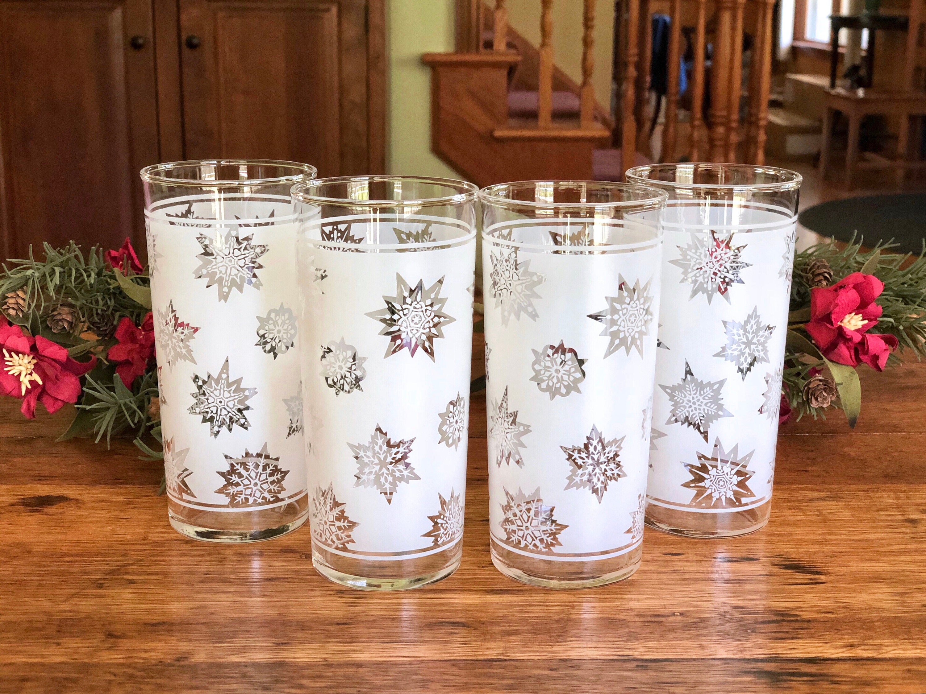 ATOMIC 3 Federal Glass Co Vintage Atomic Gold Snowflake Holiday Glasses Good Quick 