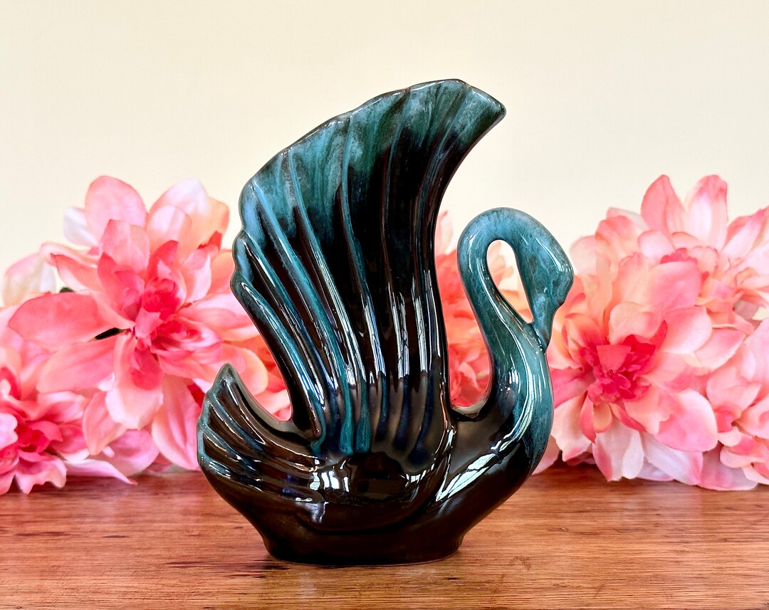 Vintage Blue Mountain Pottery Swan Vase Teal Green Drip Glaze Redware Vintage Swan Ceramic Art