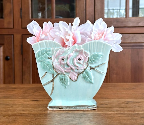 Vintage Mccoy Ceramic Wild Rose Planter Light Aqua Green With Pink