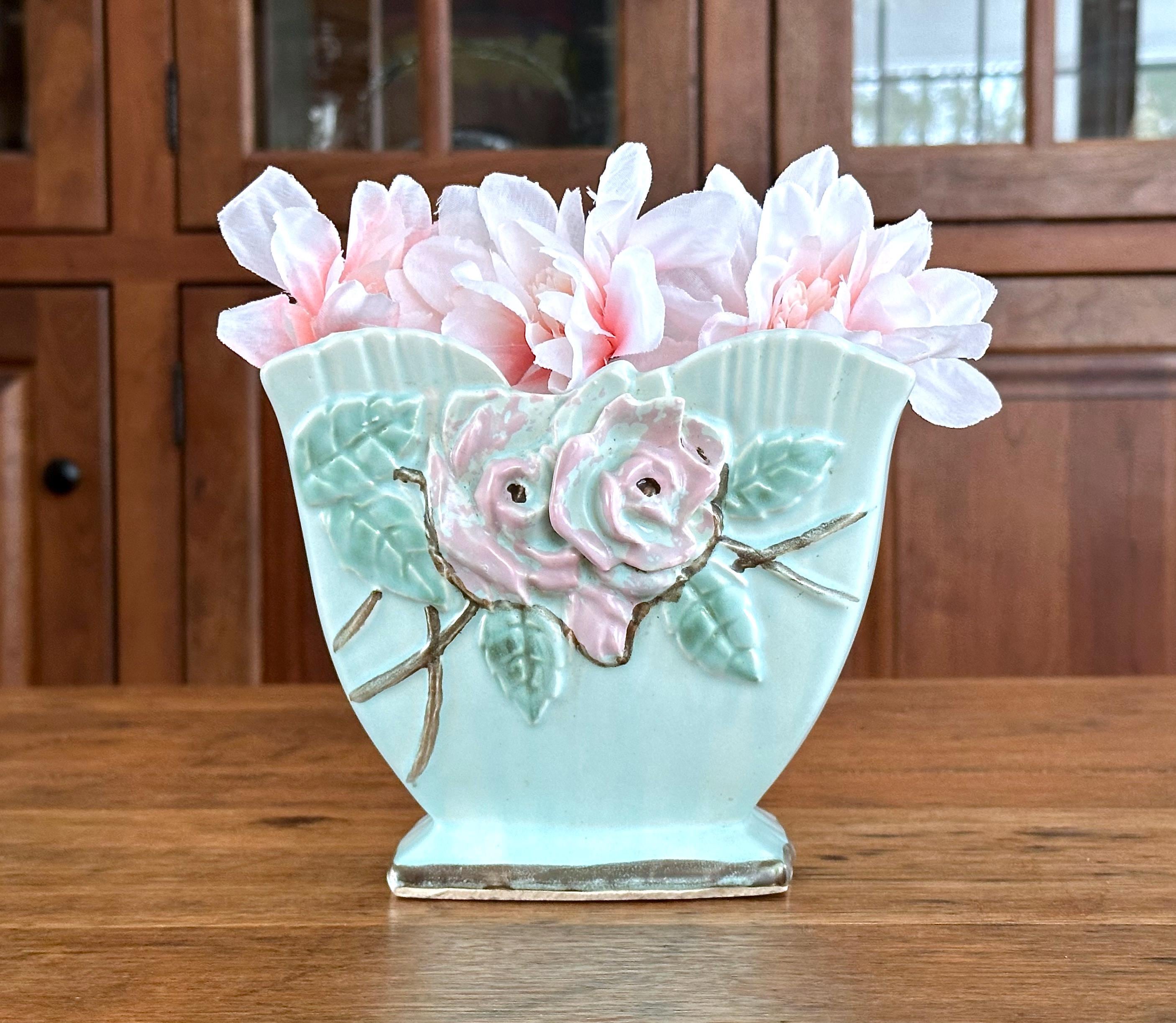 Vintage Mccoy Ceramic Wild Rose Planter Light Aqua Green With Pink