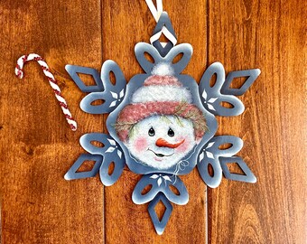 Vintage 10" Wood Hand-Painted Christmas Snowman in Snowflake Door Hanger Wall Décor Blue White Xmas Snowman Snowflake Door Farmhouse Xmas