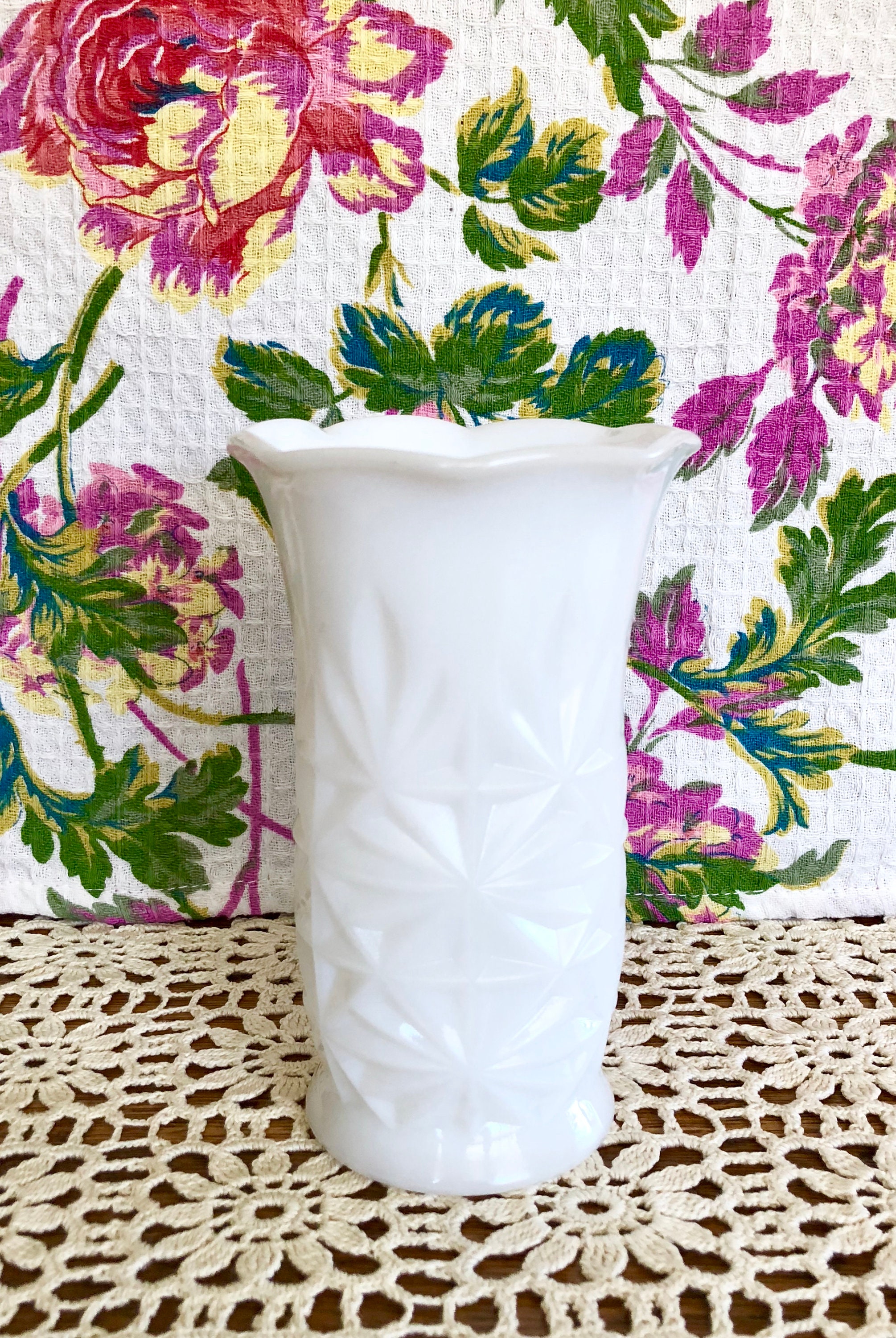 Vintage White Milk Glass Flower Vase Hazel Atlas Ruffled Etsy