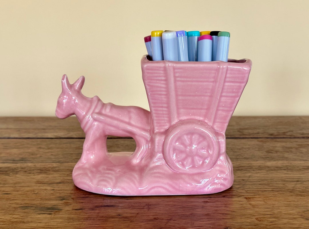 Vintage Pink Ceramic Donkey Mule Pulling Cart Planter Vintage Pink