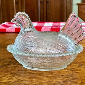 Vintage Indiana Glass Hen on Nest Covered Clear Glass Candy Nut