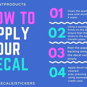 May include: A blue background with white text that reads "PREVNTPRODUCTS" and "HOW TO APPLY YOUR DECAL FOR DECALS/STICKERS".  There are four steps to applying a decal, numbered 1 through 4, with each step described in white text on a white background.  The numbers are in pink and turquoise.
