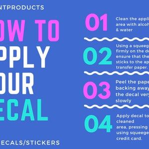 Puede incluir: Un fondo azul con texto blanco que dice "PREVNTPRODUCTS" y "HOW TO APPLY YOUR DECAL FOR DECALS/STICKERS". Hay cuatro pasos para aplicar una calcoman&iacute;a, numerados del 1 al 4, con cada paso descrito en texto blanco sobre un fondo blanco. Los n&uacute;meros est&aacute;n en rosa y turquesa.